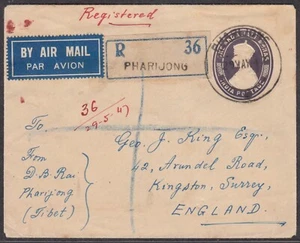 Tibet Br. Post Office- 1947 India GVI ps uprated & registered usd from Pharijong - Picture 1 of 2
