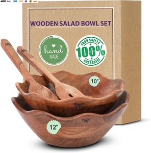 Wooden Salad Bowls Set of 2 with 2 Serving Utensils | 10" & 12 Inch Extra Large - Picture 1 of 7