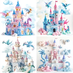 Enchanting Pastel Castle Clipart with Dragons & Knights Watercolour, Watercolour - Picture 1 of 5