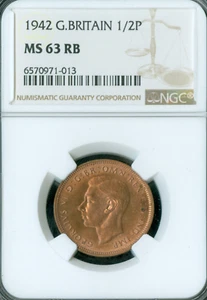 1942 GREAT BRITAIN HALF PENNY NGC MS63 RB RARE POP-3 * - Picture 1 of 2
