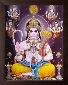 Lord Hanuman Giving Blessing HD Printed Religious Picture With Wooden Frame - Picture 1 of 3