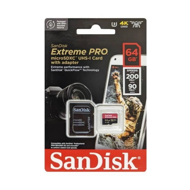 SanDisk Extreme PRO 64GB Class 10 V30  A2 MicroSDXC Memory Card with Adapter (SDSQXCU-064G-GN6MA)