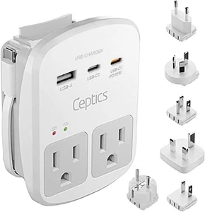 Ceptics Universal Travel Adapter Kit – 2 USA sockets, USB-A, USBC, 1x PD 35W USB - Picture 1 of 4