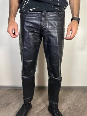 Vintage Men Black Leather Trousers Biker Pants Button Fly Cowboy Rocker Punk - Image 1 of 4