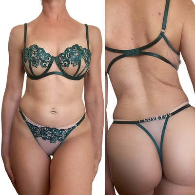 Conjunto de Tanga Sujetador Floral Personalizado Azul Verde Malla Transparente Sexy-Lencería Mujer Ver a Través Foto 1 de 2