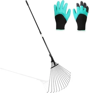 Verstellbare Teleskop Klappbar Garten Rechen + Kralle Handschuhe Hof Laub Werkzeug - Bild 1 von 5