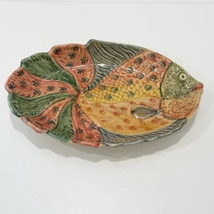 Vintage handbemalt Fisch Keramik Schale Tablett 12" Made in Italy grün orange gelb - Bild 1 von 6