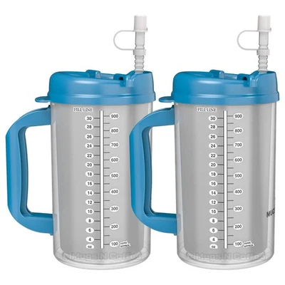 MUGS N COFFEE (2) 32 oz Hospital Mugs – Pearl Blue – Insulated Travel Cups with Straws – USA