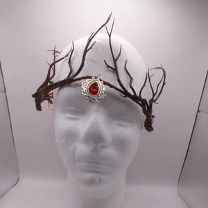 Woodland Antler Crown with Red Gemstone Red Ribbon Ties OSFM - Picture 1 of 7