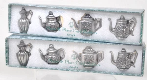 Vintage Set of 8 Pewter Mini Tea Pot Place Card or Photos Holders Tea Party - Picture 1 of 2