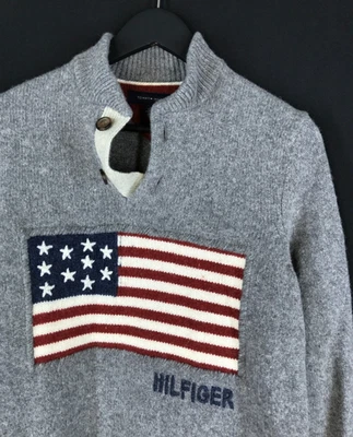 Men's Tommy Hilfiger Wool Flag Jumper Grey Button Neck Pullover Sweater Size S - Image 1 of 4