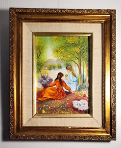 Vintage Emaille auf Kupfer Gemälde Bild Mädchen am See Gold vergoldeter Rahmen - Bild 1 von 15