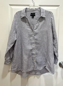 TAHARI Women Size 1X Blue White Stripe 100% Linen Shirt Button Up Long Sleeve - Picture 1 of 7