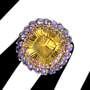 Handcrafted Cushion Citrine 17.8ct Amethyst Gems 925 Sterling Silver Ring Size 9