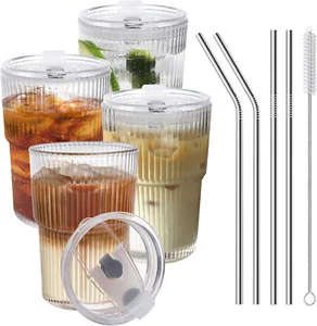 Iced Coffee Cups Lids Straws 4 Pcs 16 OZ Unbreakable Glasses Drinking Set Clear - Picture 1 of 1