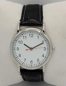 Herren klassische runde große Ziffern silberfarbene Hülle schwarz Lederarmband Uhr L4 - Bild 1 von 9