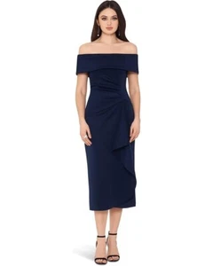 XSCAPE Scuba Crepe Over-the-Shoulder Side Ruched Dress Women's 8 Navy ERK763 - Picture 1 of 6