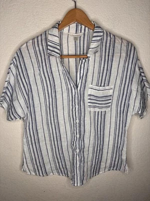 Blusa listrada azul Garnet Hill linho europeu 100% linho tamanho 10 - Imagem 1 de 4