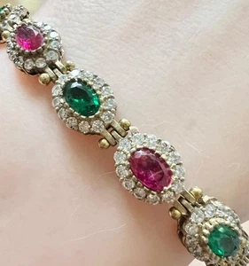 Tourmaline Diamond Bracelet 14K Gold on SOLID 925 Pink Green tennis Genuine - Picture 1 of 15