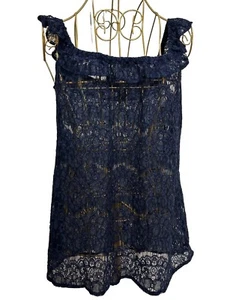 Reformation Top Women Lg Blue Lace Ruffle Cap Sleeve Whimsy Goth Romantic Femme - Picture 1 of 10