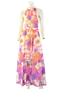 70s Vintage Floral Wide Leg Jumpsuit Halter Neck Size XS Pink Orange Maxi Dress - Picture 1 of 6