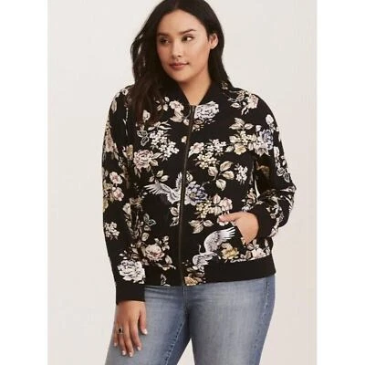 Torrid Womens 2X Black Floral & Crane Print Twill Full Zip Bomber Jacket - Image 1 of 4