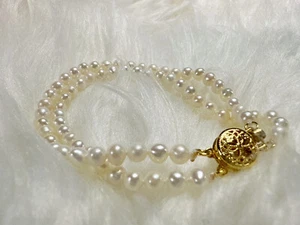 2 row Elegant Noble 4-5mm natural akoya white Pearl bracelet 14K gold-plated -Y - Picture 1 of 16