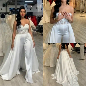 Women Jumpsuits Plus Size Wedding Dresses Pant Suits Removable Skirt Formal Gown - Picture 1 of 10