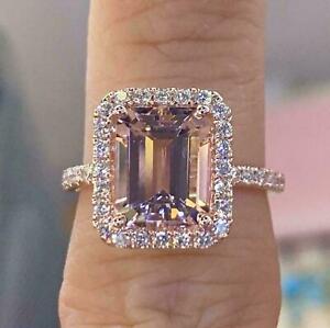3.00Ct Emerald Cut Morganite Halo Women's Engagement Ring 14K Yellow Gold Finish