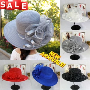 Damen Kentucky Derby Kirche Hut Fascinator Organza Tee Party breite Krempe Sonnenhut - Bild 1 von 24