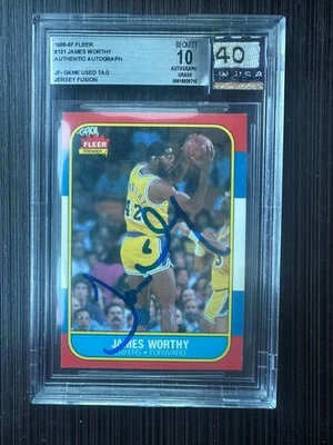 JAMES WORTHY 1986-87 FLEER GAME-USED PATCH AUTO #131 BGS BAS 10 JERSEY FUSION - Image 1 of 2