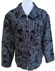Dress Barn Damen XL schwarz mit blau und grau Blumen Brokat Full Zip Jacke - Bild 1 von 5