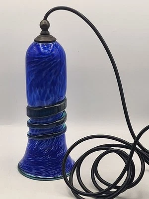 Studio Art Blown Glass Pendant Blue Swirl With Plug. - Image 1 of 4