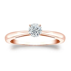 Anello solitario oro rosa 14 kt certificato 4 punte diamanti tondi 0,40 ctw G-H, I2-I3 - Foto 1 di 4