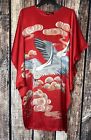 Vtan 100% Silk Japanese Kimono Pullover Kaftan Crane Fan Clouds On Red One Size