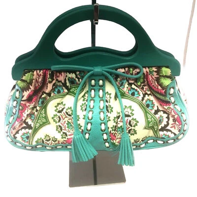 Bolso sin asas Isabella Fiore estampado floral turquesa con mango de madera artístico Foto 1 de 4