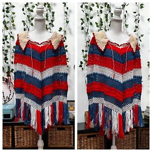 Vintage 60s 70s Womens Hand Knitted Crochet Poncho Red White Blue Fringe Boho M