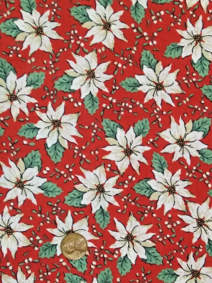 Cotton Fabric Poinsettias 2 & 1/2 yards Oakhurst Textiles Christmas White on Red - Image 1 of 3