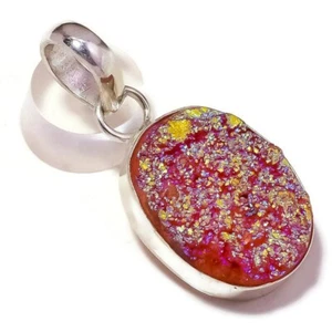 Pink Titanium Druzy Oval Gemstone Silver Overlay Handmade Pink Pendant A4867 - Picture 1 of 3