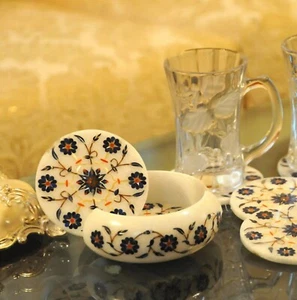 4" White Marble Drink Protect Coaster Set Lapis Stone Floral Inlay Kitchen Dec - Picture 1 of 9