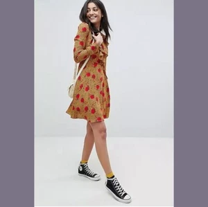Glamorous Tall Size 14 Long Sleeve Wrap Front V Neck Tea Dress w/ Ruffle Mustard - Foto 1 di 11