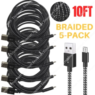 5 Pack 10Ft Micro USB Fast Charger Cable Data Sync Cord For Samsung Android LG - Image 1 of 4