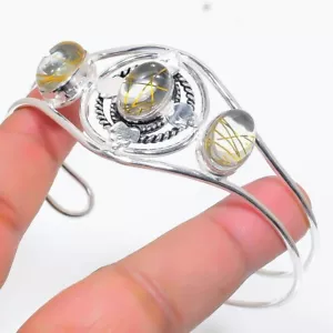 Rutilated Quartz Gemstone Handmade 925 Sterling silver Adjustable Cuff Bracelet - Picture 1 of 1