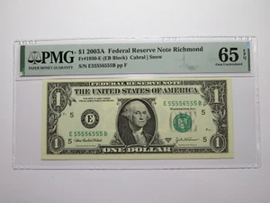 $1 2003 Near Solid Serial Number Federal Reserve Bank Note Bill UNC65 #55556555 - Picture 1 of 3
