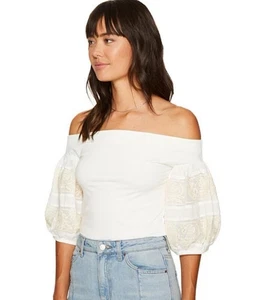 Free People Ivory Knit Top Rock With It Embroidered off Shoulder Size L - Picture 1 of 6