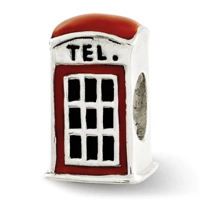 Sterling Silver Red Enameled Telephone Booth Bead Charm - Picture 1 of 4