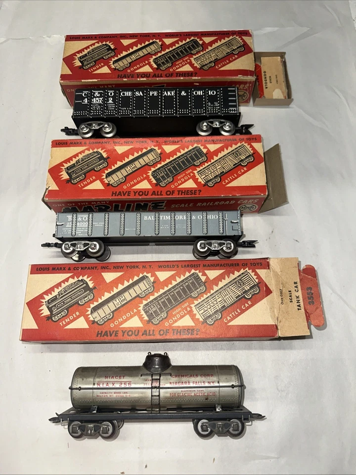 3 Marx MARLINES 3552-3553-3582 Metal O-gauge Freight Cars IN BOXES Tank Gondola - Image 1 of 4