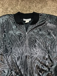 Vintage Off Broadway Silky Satin Jacket Silver And Black Paisley Bomber 1980’s - Picture 1 of 9