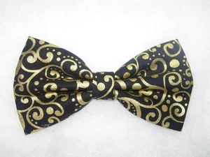 Black & Gold Bow tie, Metallic Gold Dots & Curls on Black, Pre-tied Bow tie - Picture 1 of 3