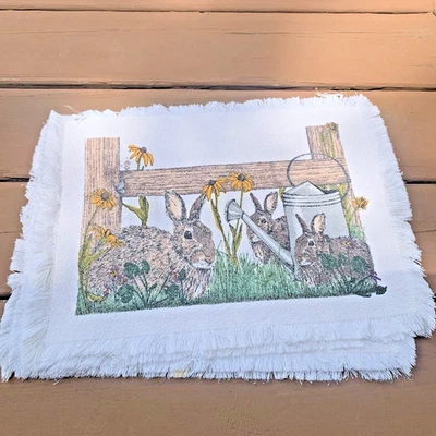 "Manteles y servilletas vintage (8 piezas) a juego conejo de Pascua de primavera lindo tela de 14""" Foto 1 de 4